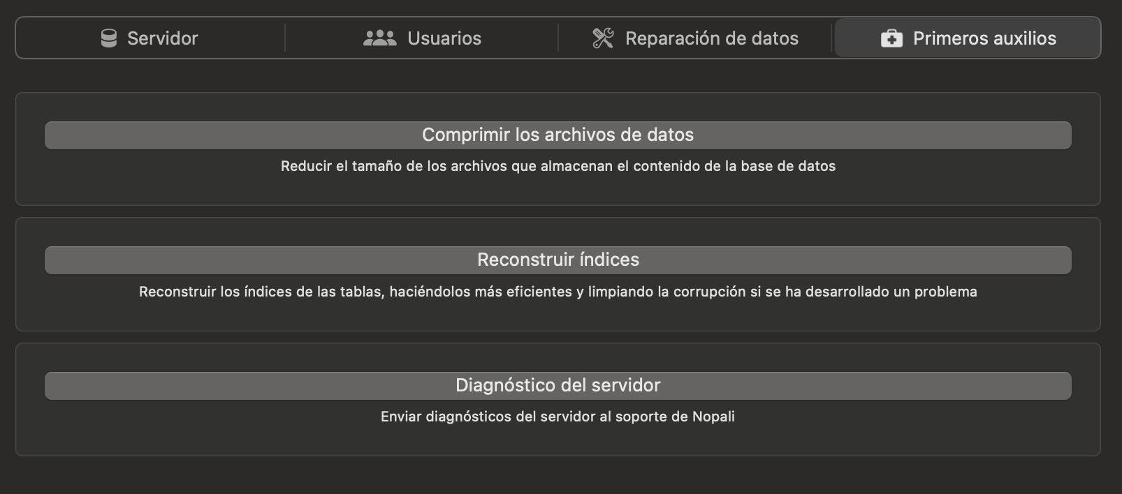 Panel de Primeros Auxilios del Servidor