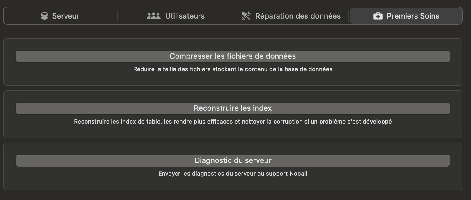 Panneau Premiers secours du serveur