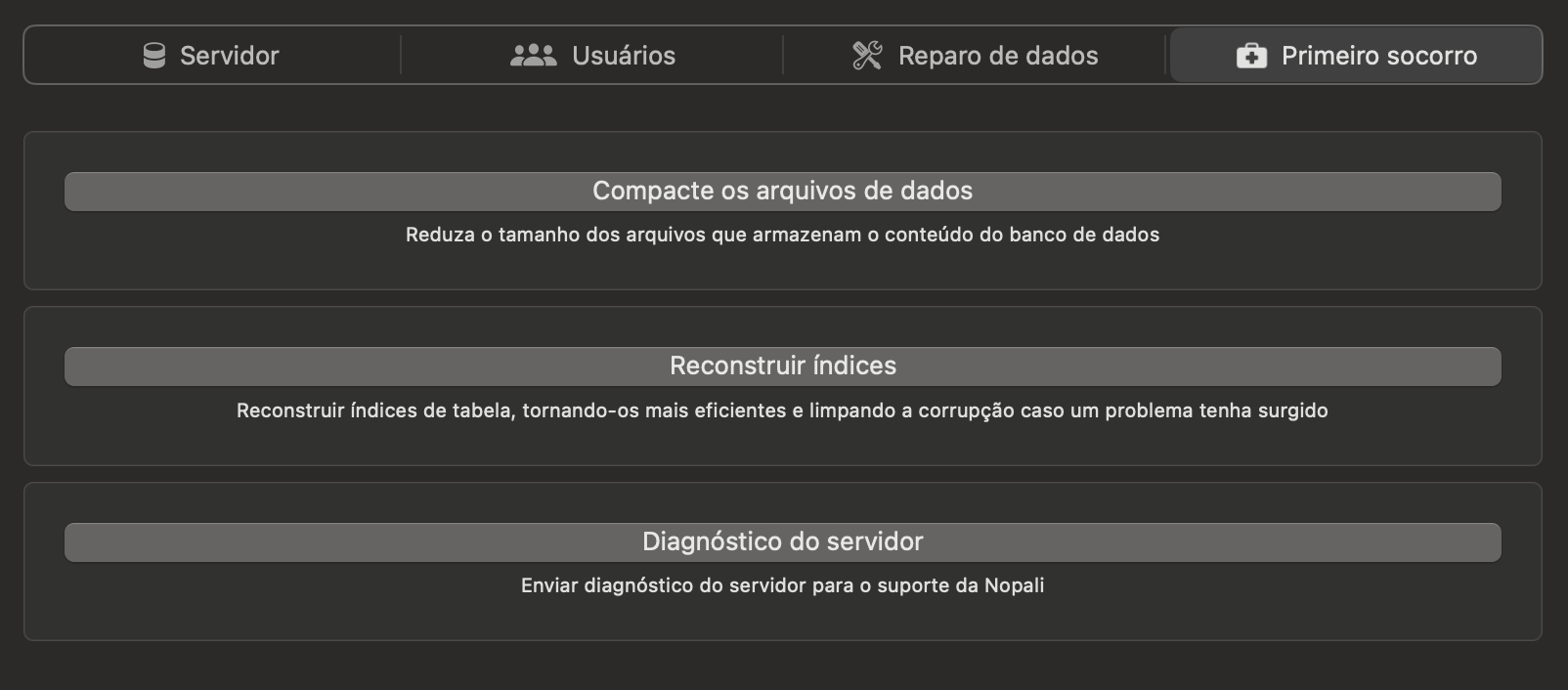 Painel de Primeiros Socorros do Servidor